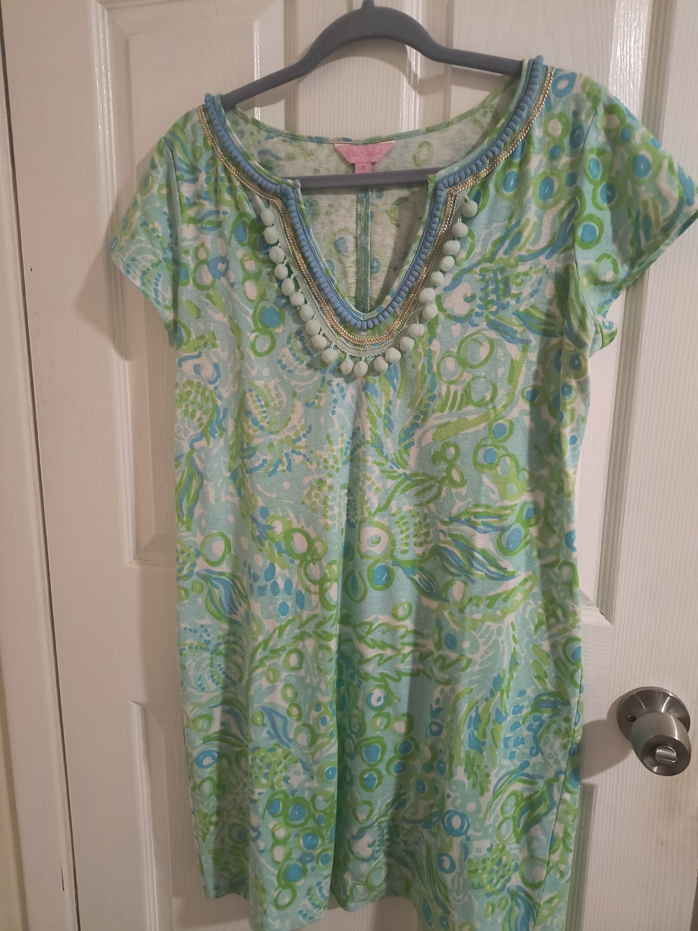 Lilly Pulitzer Green & Blue Patterned Mini Dress with Beaded V-Neck
